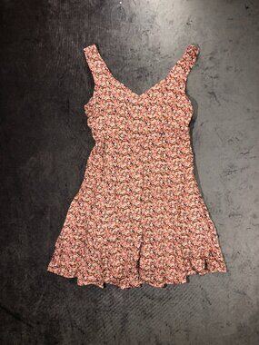 Womens Coquette Cottagecore Soft Pink Ditsy Floral V-neck Romper Mini Dress Sm
